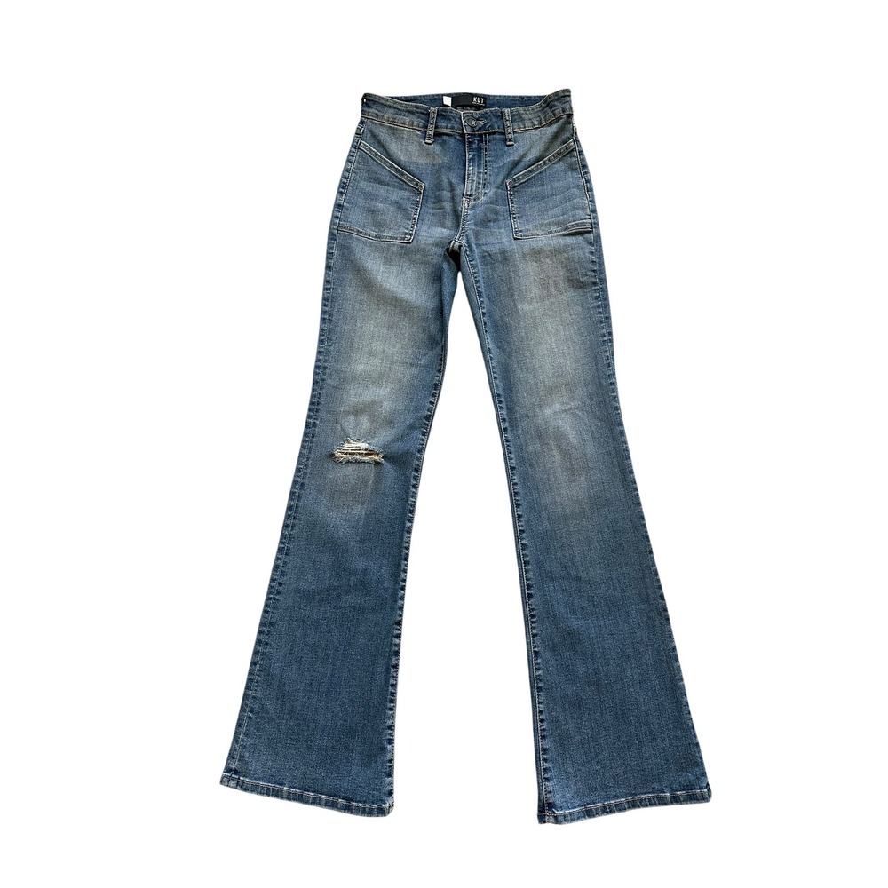 Retro KUT from the Kloth Ana Flare Distressed Patch Pocket Jeans Size 2